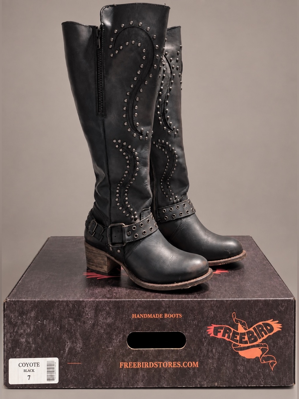 Freebird by Steven Coyote Black Studded Tall Boots Size 7 EUC w/ Box Dust Bags